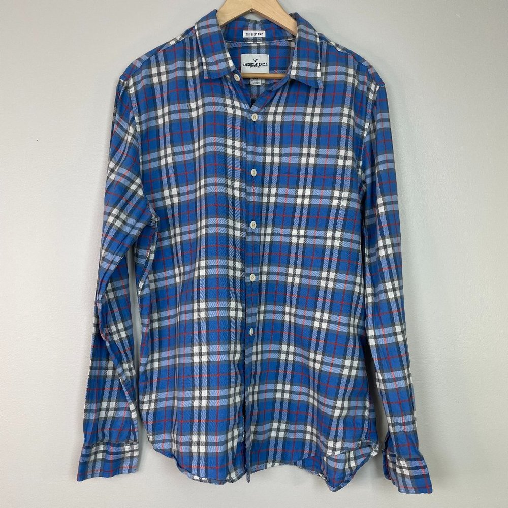 American Eagle Shirt‎ Large Blue Plaid Casual Button-Front Long Sleeve Men's